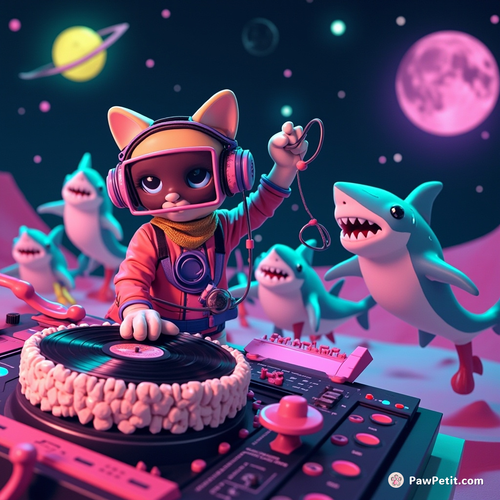 Cat DJing at a disco in outerspace, spinning records made of fish bones, while moon-walking sharks dance.