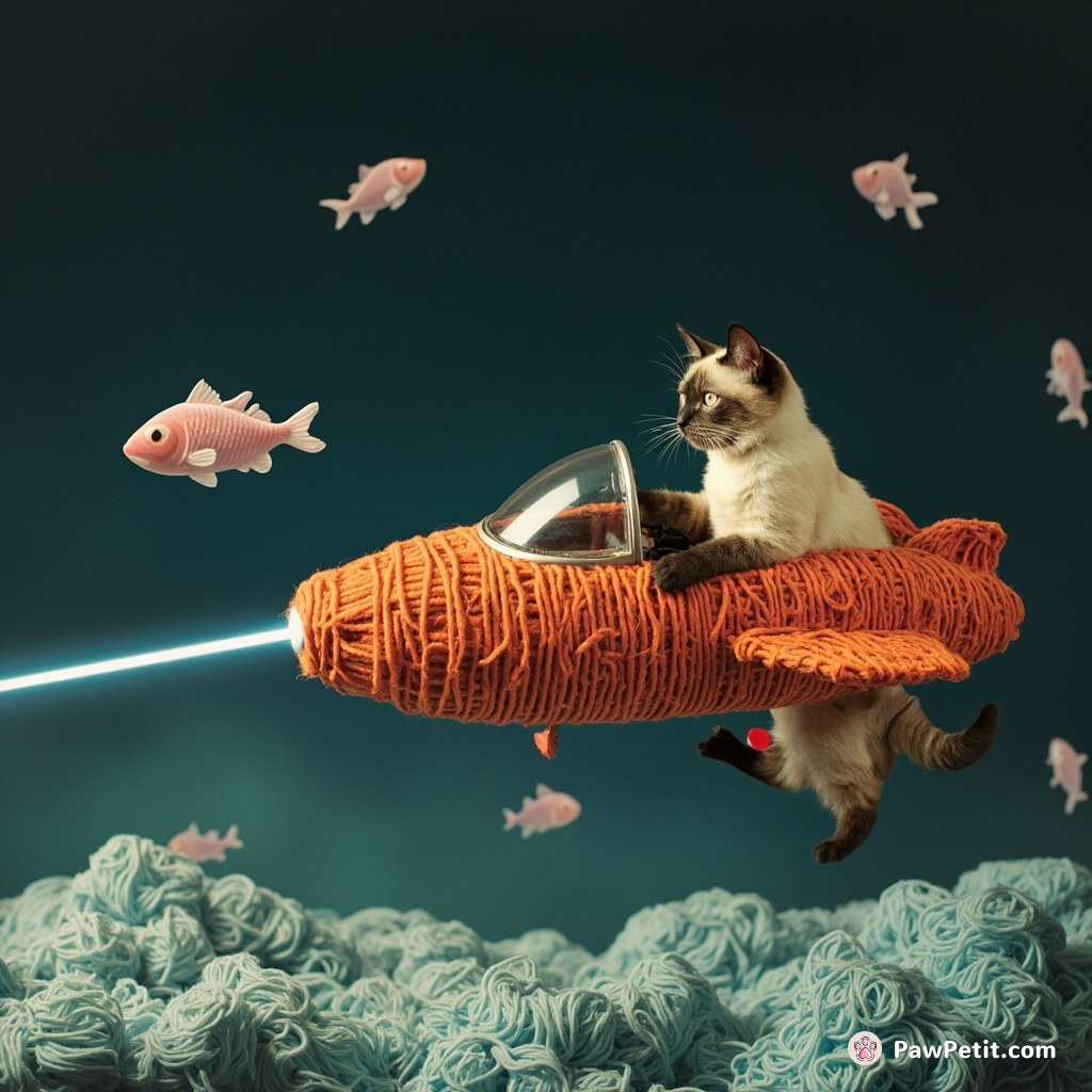 A dapper Siamese cat piloting a spaceship made entirely of yarn, firing lasers at ethereal fish floating in an outer-space-style ocean.