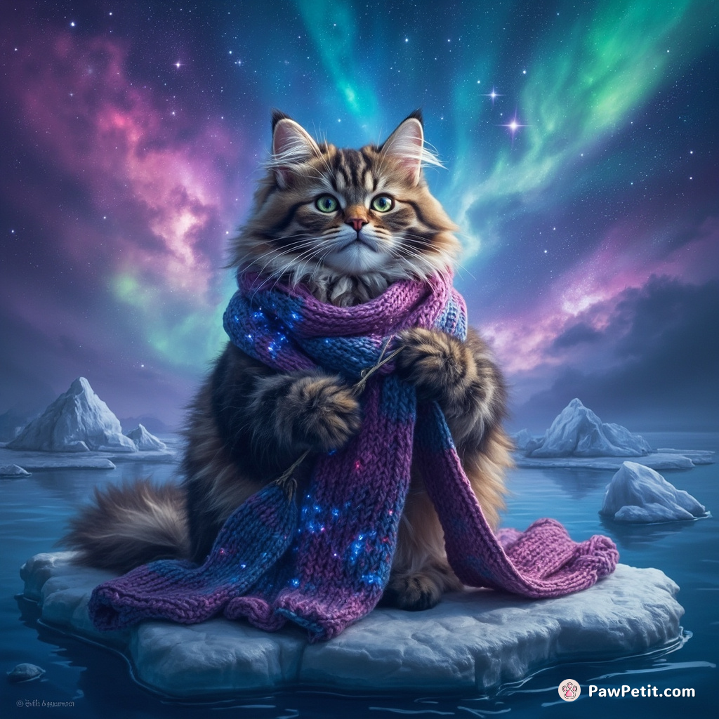 Cat leisurely knitting a flamboyant magical scarf, consisting of constellations and Milky Way nebulae, on a floating iceberg amidst aurora borealis.