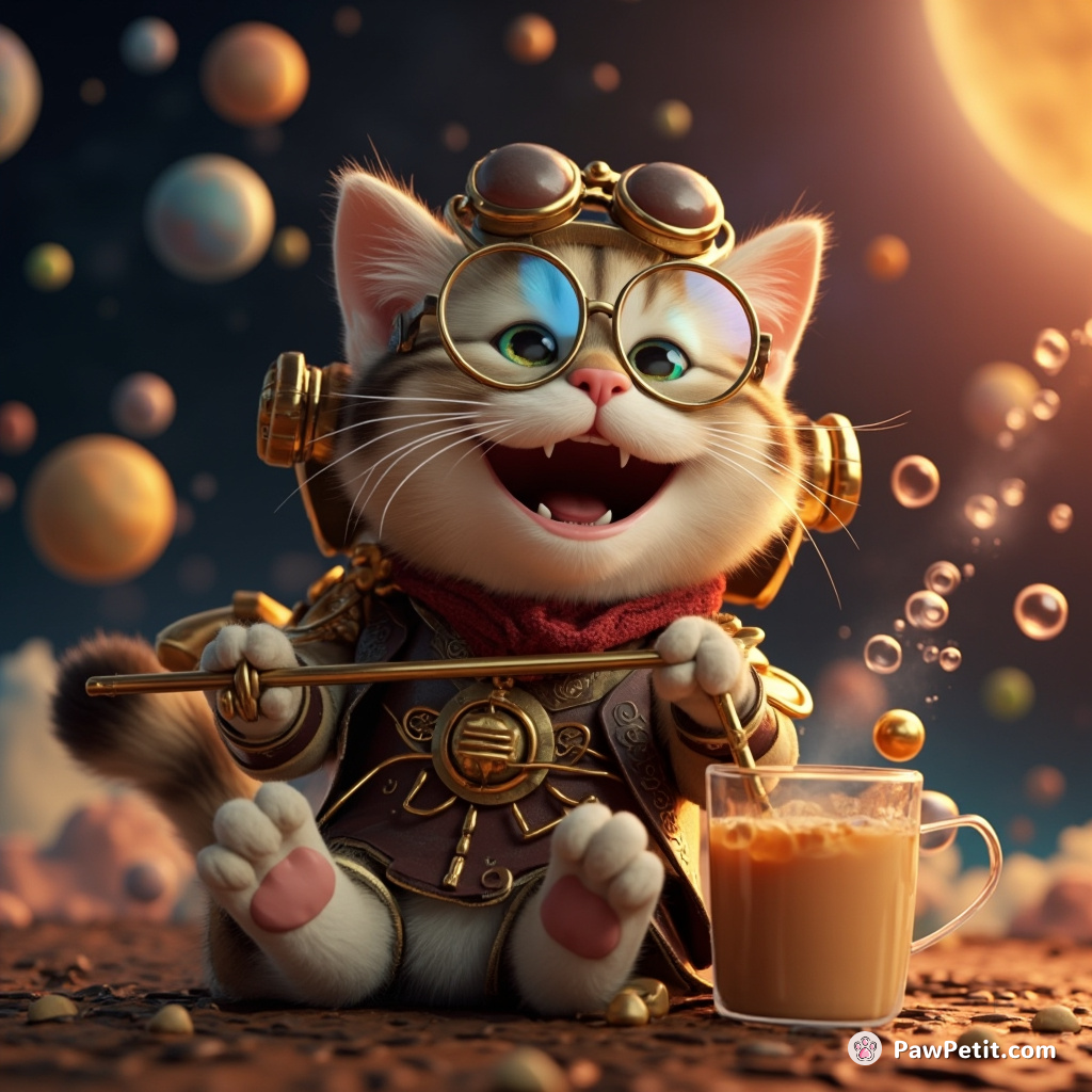 Steampunk cat sipping bubble tea in space while jubilantly playing an ancient pan flute.