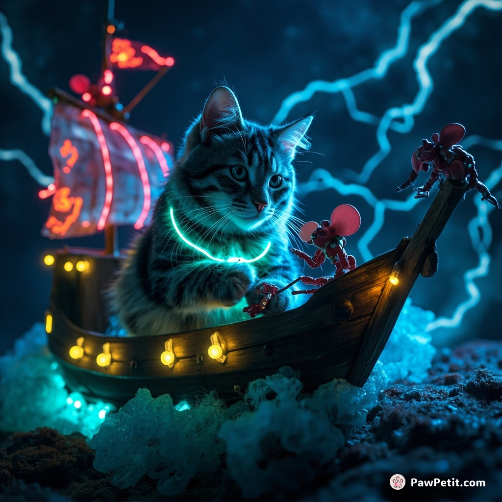 Glow-in-the-dark cat assembling tiny robot mice on a psychedelic Flying Dutchman pirate ship during a cosmic storm.