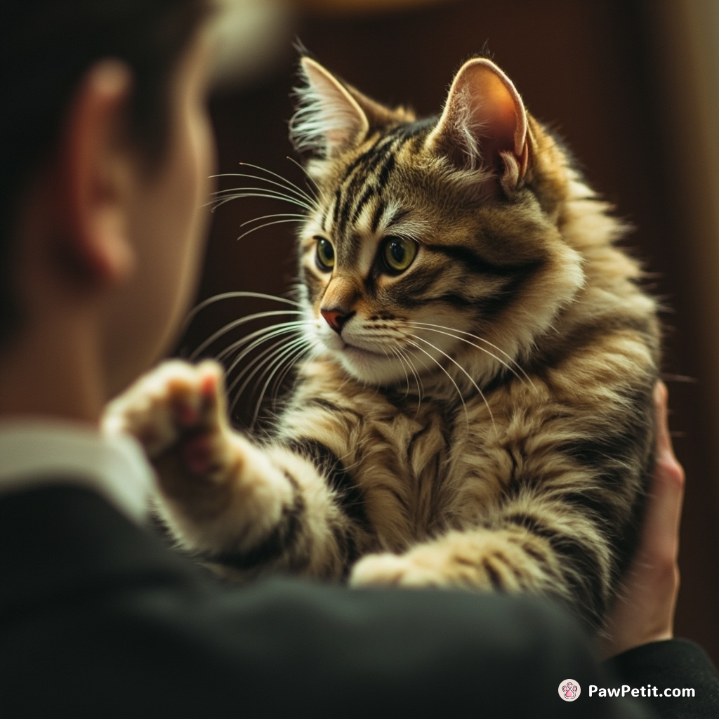 Confused by conversations, the cat swipes playfully at unsuspecting humans, believing words are just mysterious toys.