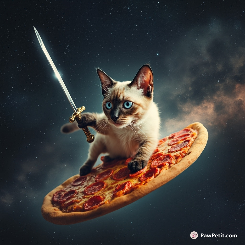 A regal Siamese cat wielding a pirate's sword while surfing on a giant slice of pepperoni pizza in outer space.