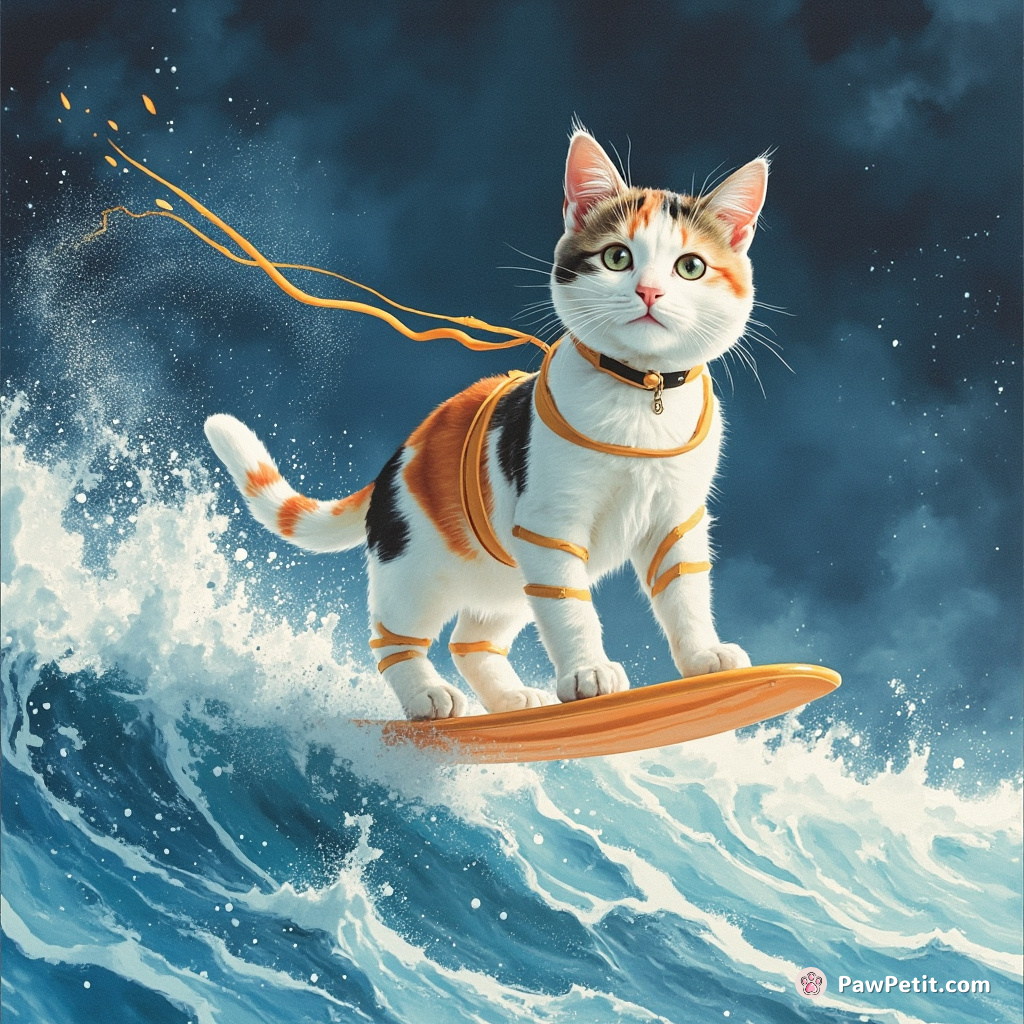 Cybernetic calico cat surfing on a Tsunami of milk in outer space, leaving streaks of stardust in its wake.