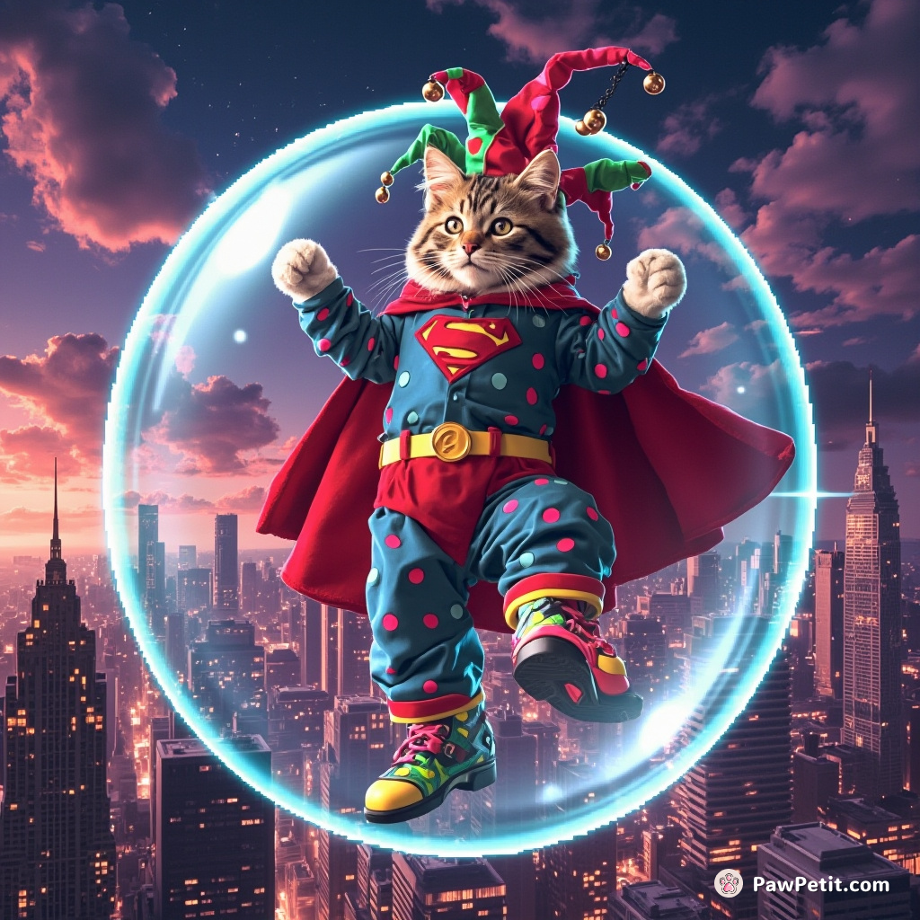 Cat floating in a crystal-clear soap bubble over a futuristically corrupt dystopian cityscape, wearing colorful clown shoes and jingling jester hat. The cat is striking a heroic Superman-like pose.