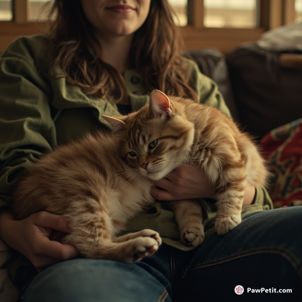 The cat, convinced humans are fellow felines, kneads a human's lap as a sign of affection and territory.