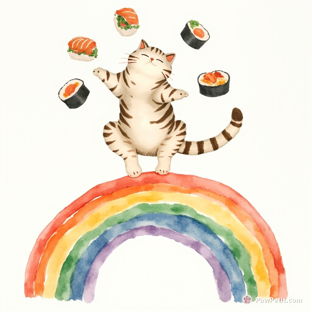 A cat doing gymnastics on a rainbow while juggling sushi.