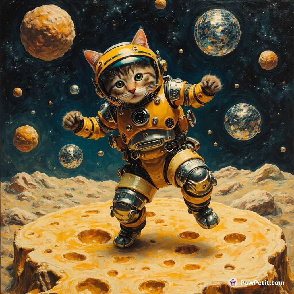 Cyborg cat breakdancing on a moon cheese surface with asteroids serving as disco balls.