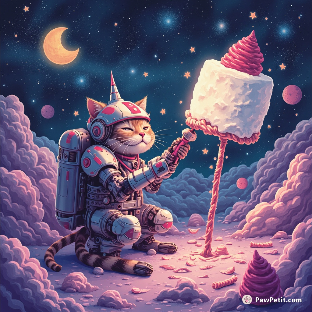 Cybernetic space cat repairing a lunar marshmallow fortress with licorice tools.