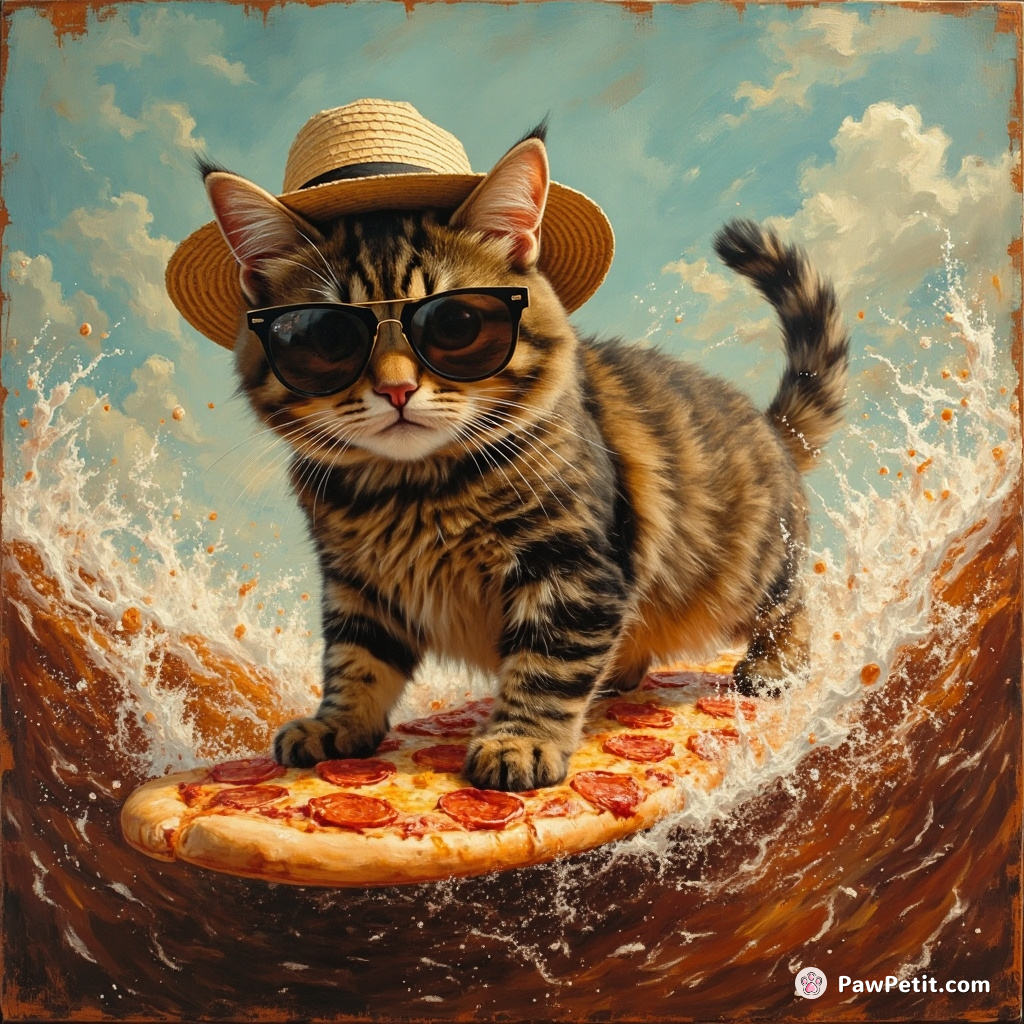Cat surfing on a pizza slice in a sea of soda while wearing sunglasses and a straw hat.
