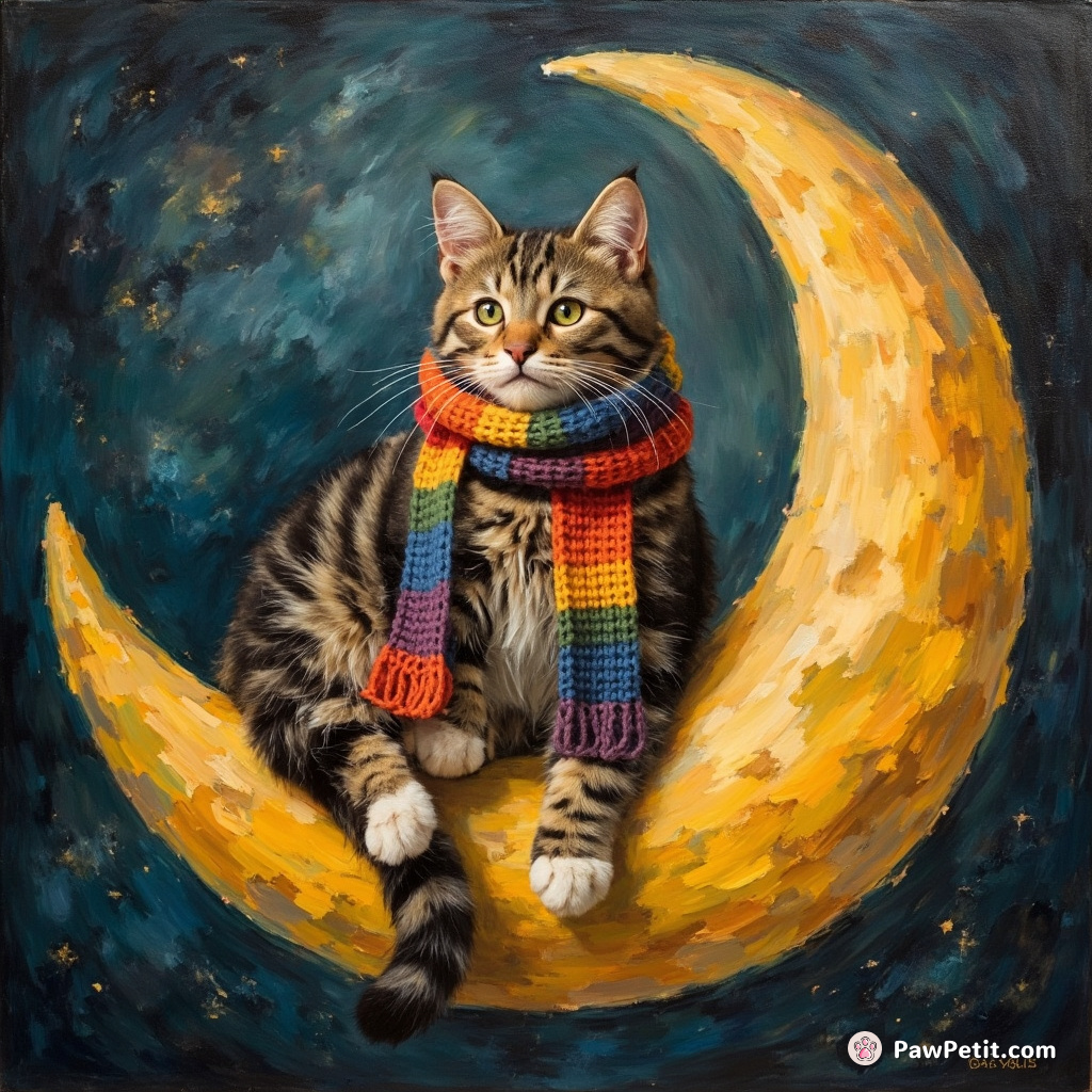 A cat knitting a multicolored rainbow scarf on a floating crescent moon with its paws.
