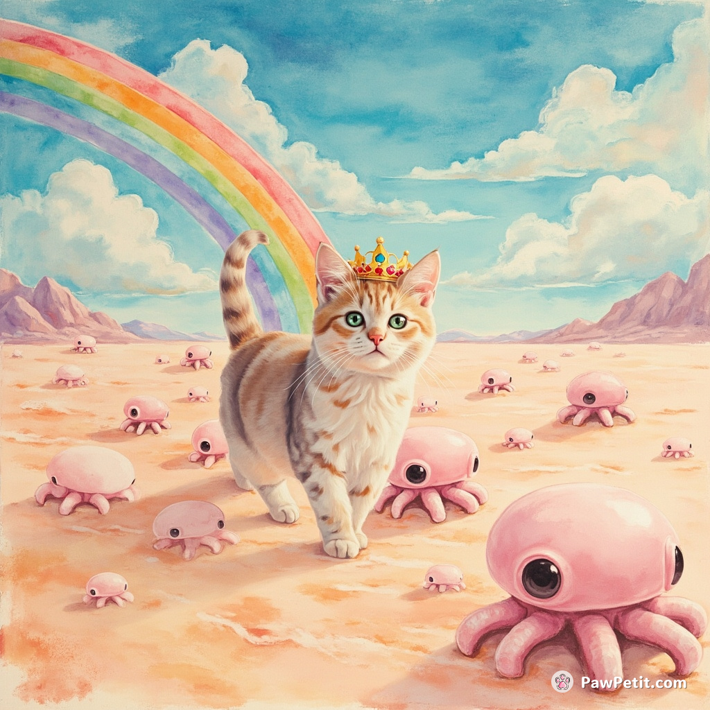 A royal shorthair cat leading an army of alien octopi aliens in a marshmallow desert under a rainbow sky.