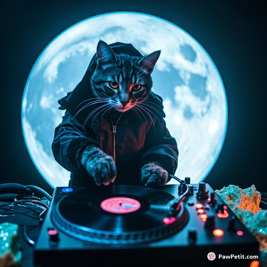 Cyberpunk cat DJ spinning vinyl records on a moon crusted with glittering blue cheese.