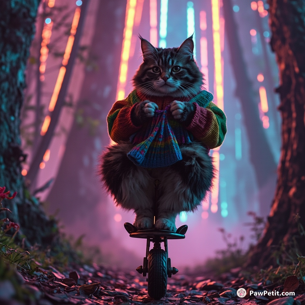A grumpy vintage cat riding a steam-powered pogo stick through a neon forest, determinedly knitting a rainbow sweater.