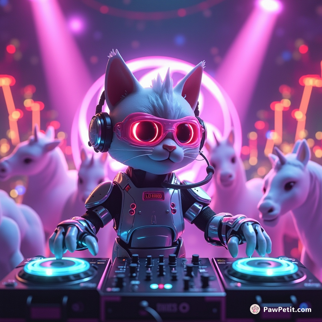 Cybernetic cat DJing a music festival for intergalactic unicorns.