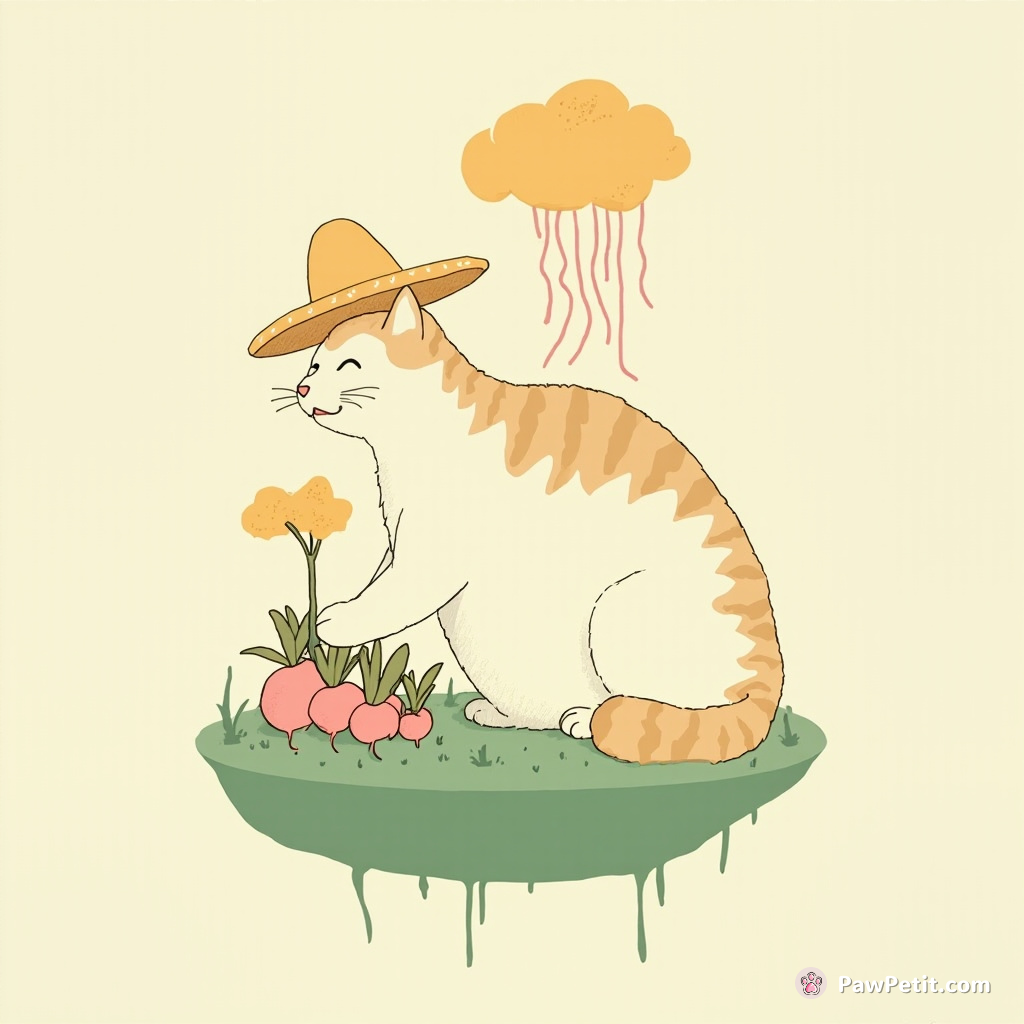 Giant cat planting turnips on a floating island while wearing a golden sombrero under a jellyfish cloud.
