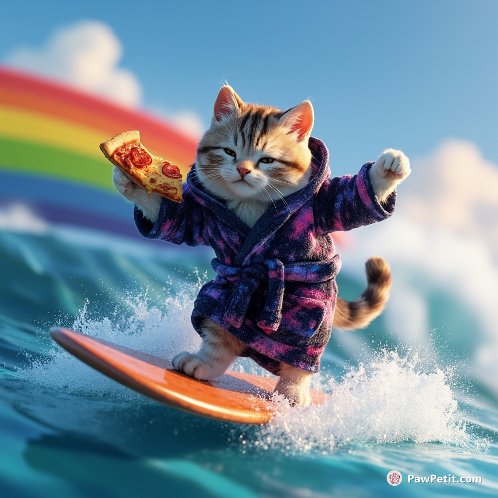Cat surfing a rainbow wave using a slice of pizza in a galaxy-themed bathrobe.