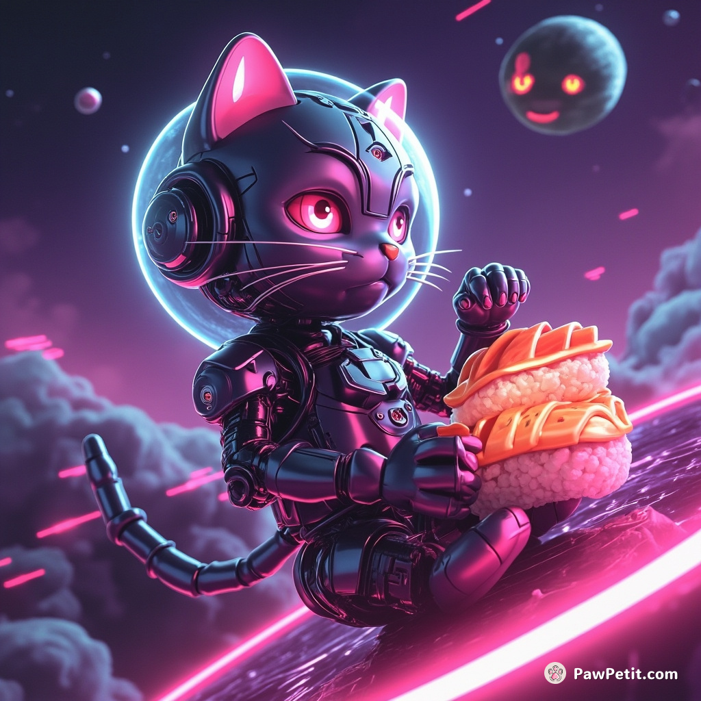 Cybernetic cat assembling a spaceship out of neon sushi in zero gravity.