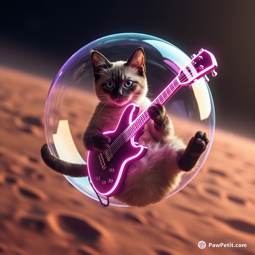 A Siamese cat playing a neon guitar while floating inside a zero-gravity bubble on Mars.