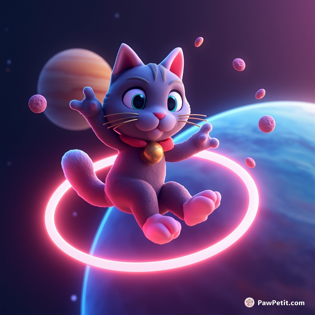 Cosmic cat riding a glowing hula hoop around Jupiter, juggling tiny neon moons.