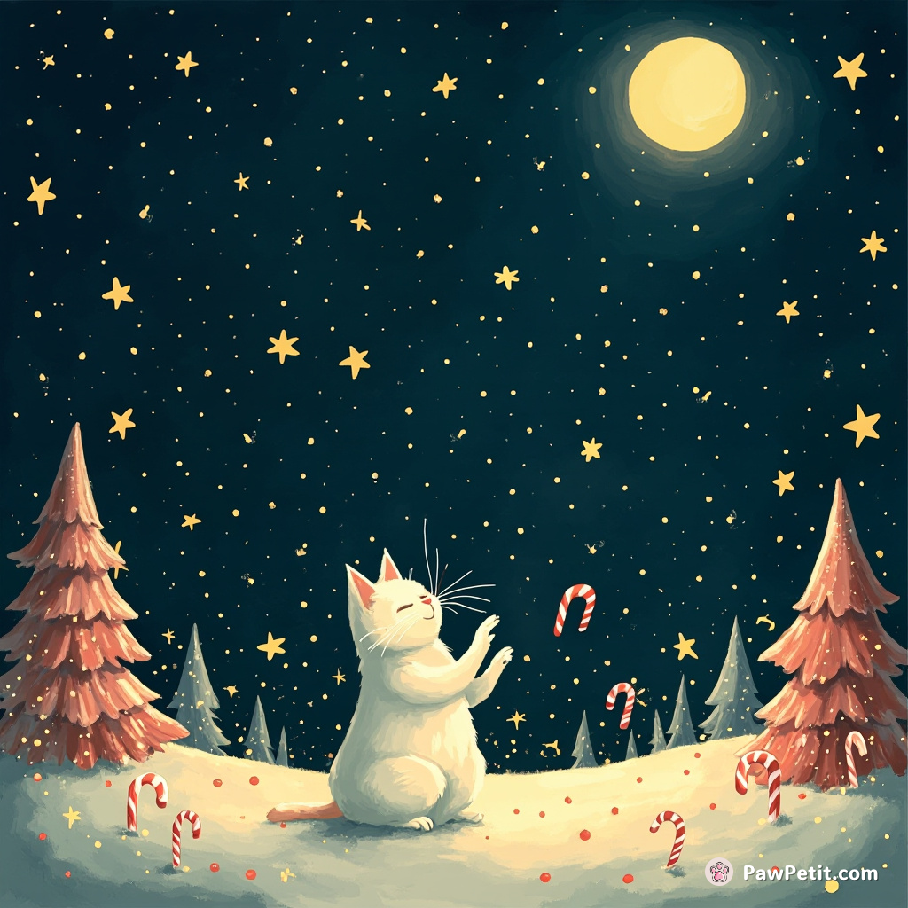 Cat conducting an orchestra of fireflies, against a moonlit candy cane forest.