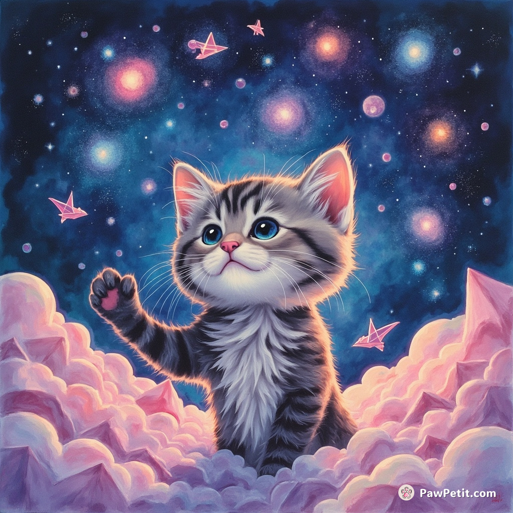Cat juggling tiny galaxies against a neon origami landscape.