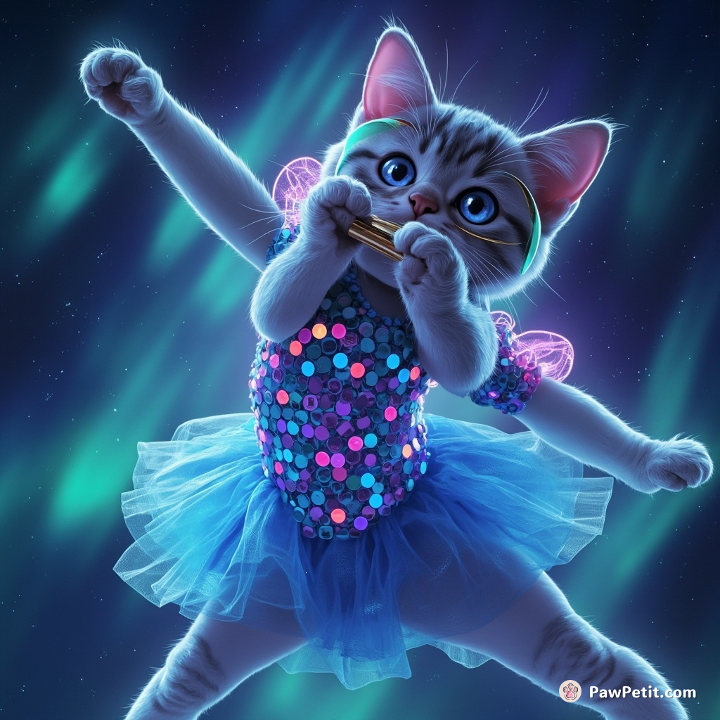 A cat dressed in a dazzling sequin leotard, striking acrobatic poses under an aurora borealis, while playing harmonica blues.