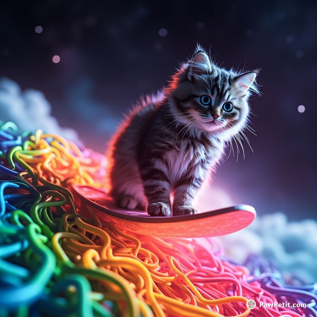 A neon cat gracefully surfing on a rainbow spaghetti wave in outer space.
