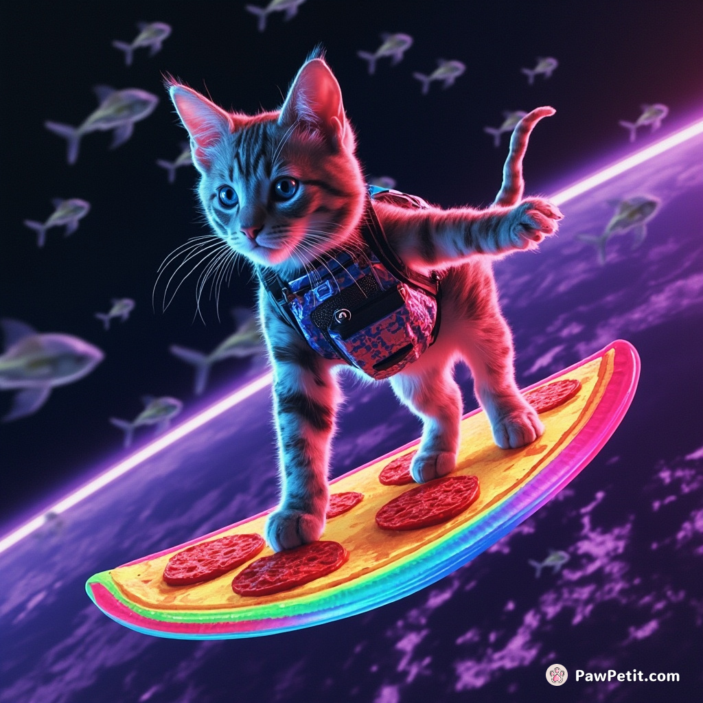 Cat surfing on a slice of rainbow pizza in a galaxy filled with flying fish.