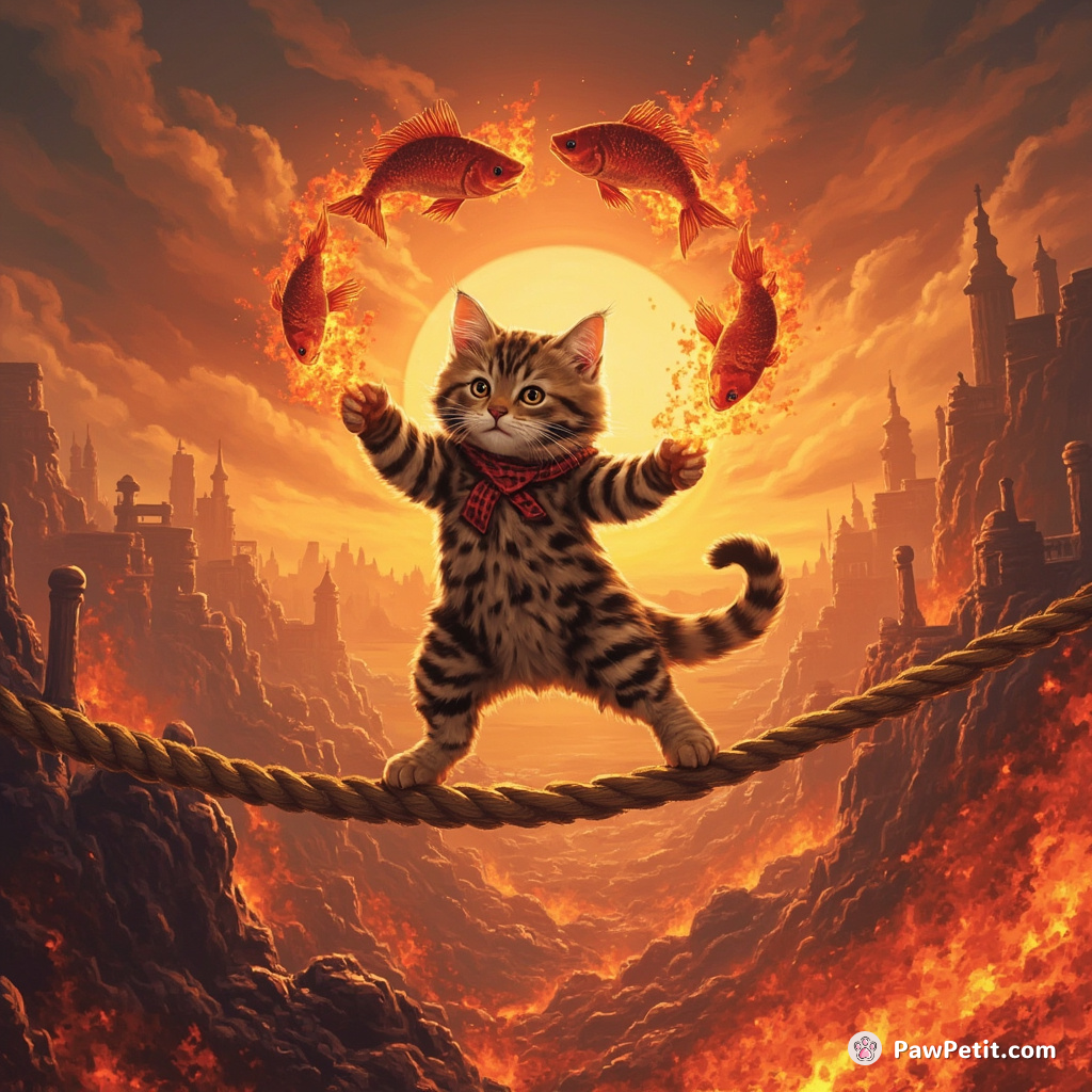 Cat juggling fiery fish on a tightrope over a lava-flooded cityscape at sunset.
