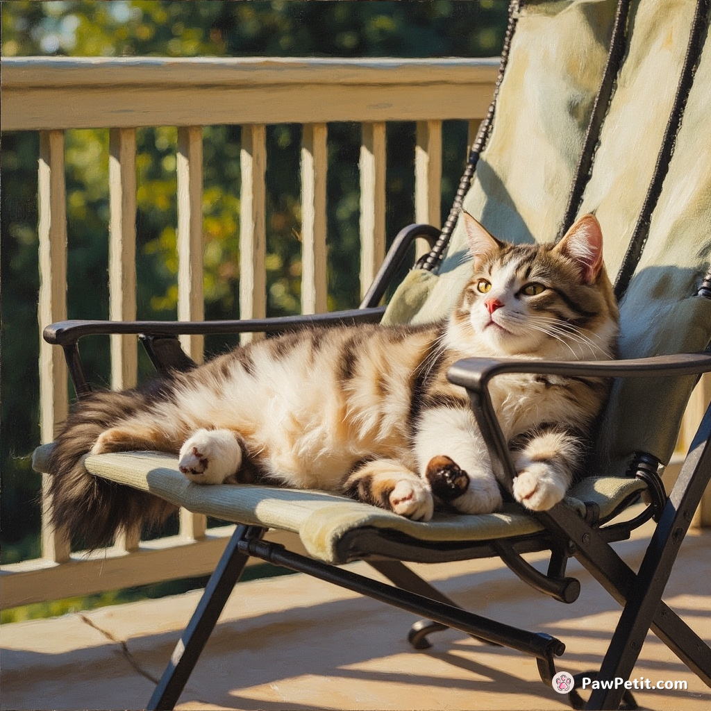 Whiskers twitching, the cat sprawls on a patio chair, paws daintily crossed, savoring the breeze like a seasoned sunbather.