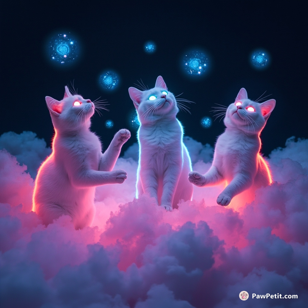 A group of giant neon cats juggling tiny galaxies on a candy floss cloud at midnight.