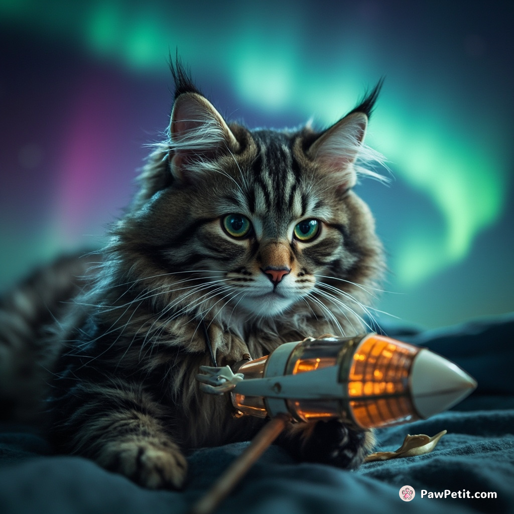 A muscular cat repairing a tiny, interstellar spaceship with tools made of fish bones under the Aurora Borealis.