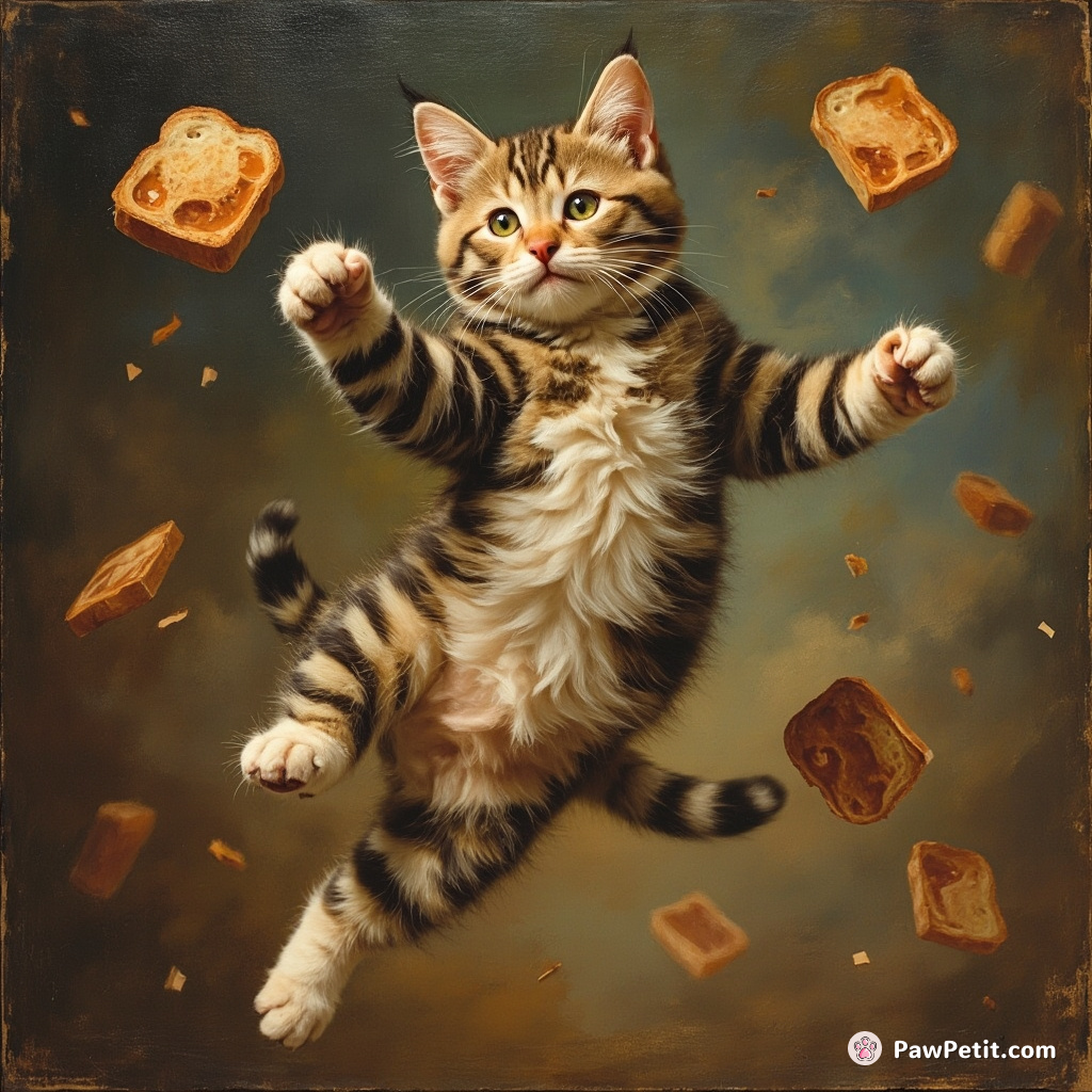 Cat tap-dancing on flying toasts in zero gravity.