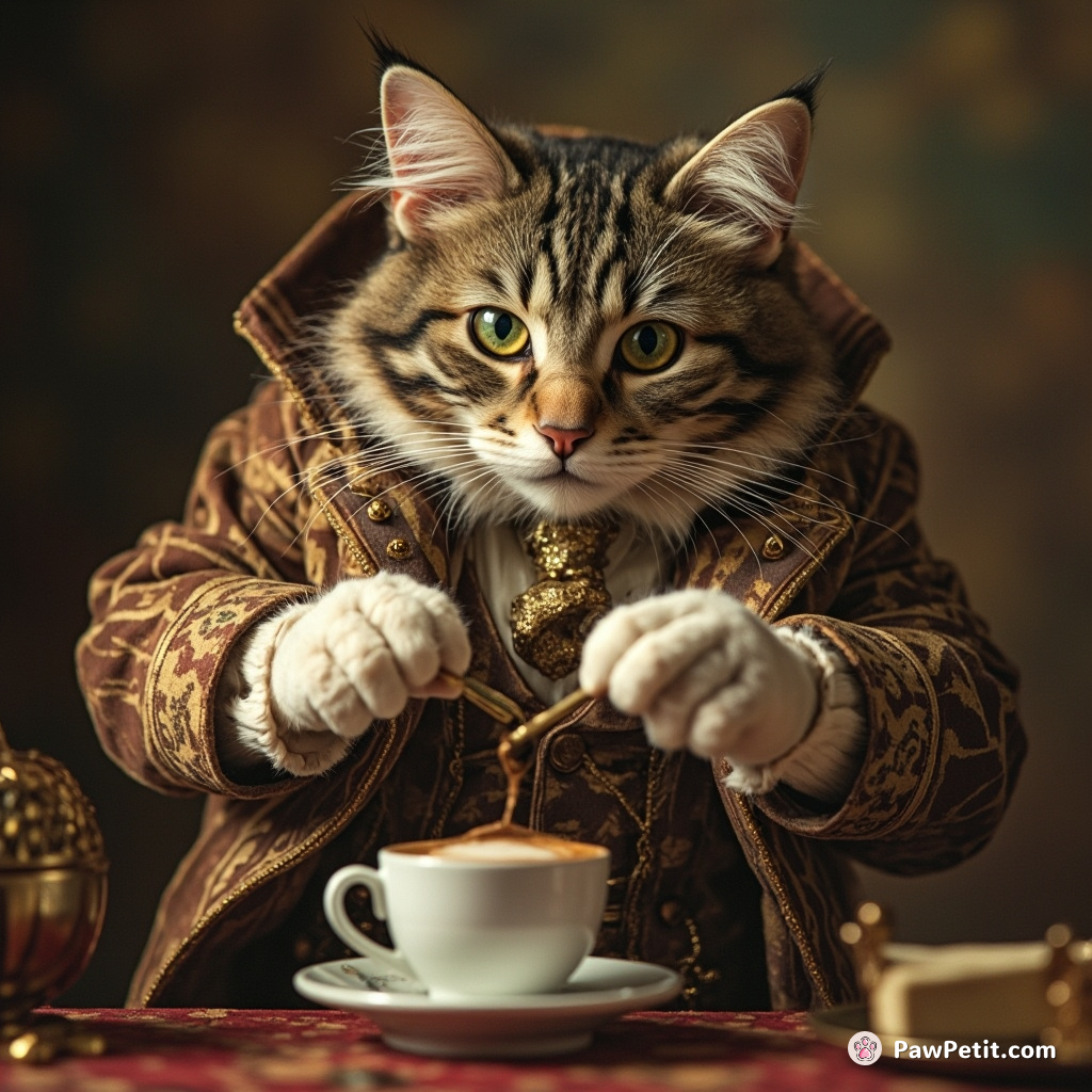 A haughty cat, attired in an elaborate anthropomorphic suit, deftly stirring a miniature cappuccino in grown-up vigor.