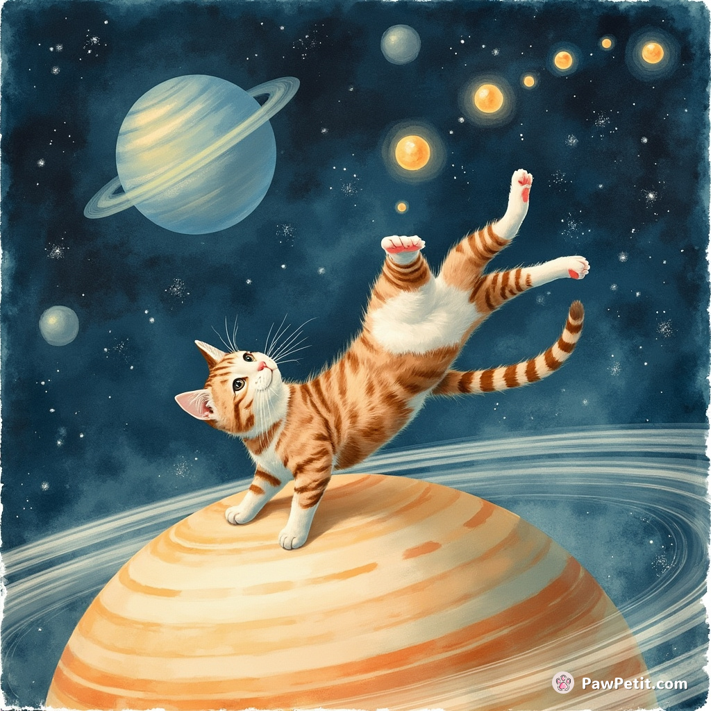 Cat doing cartwheels on the rings of Saturn while juggling glowing asteroids.