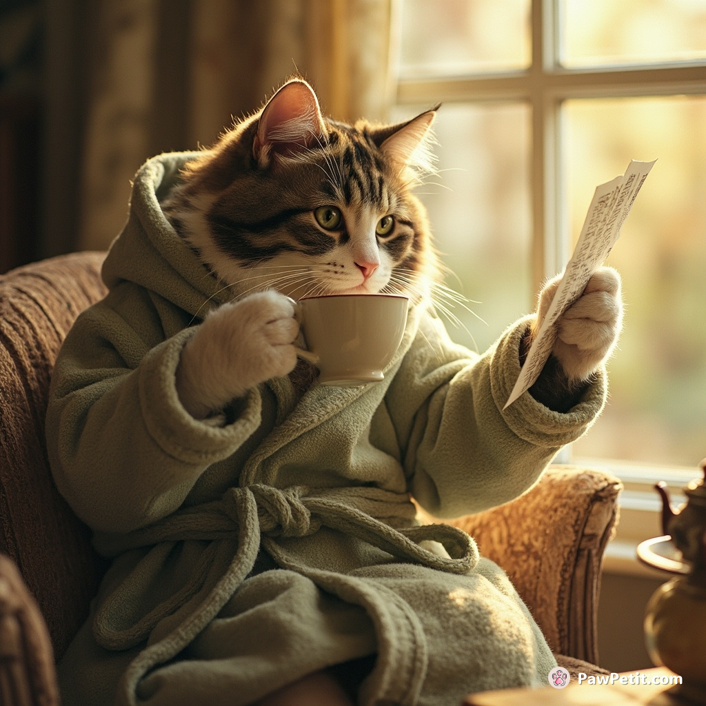 Cat dons a tiny bathrobe, sips tea with paw raised, and purrs at the morning paper.