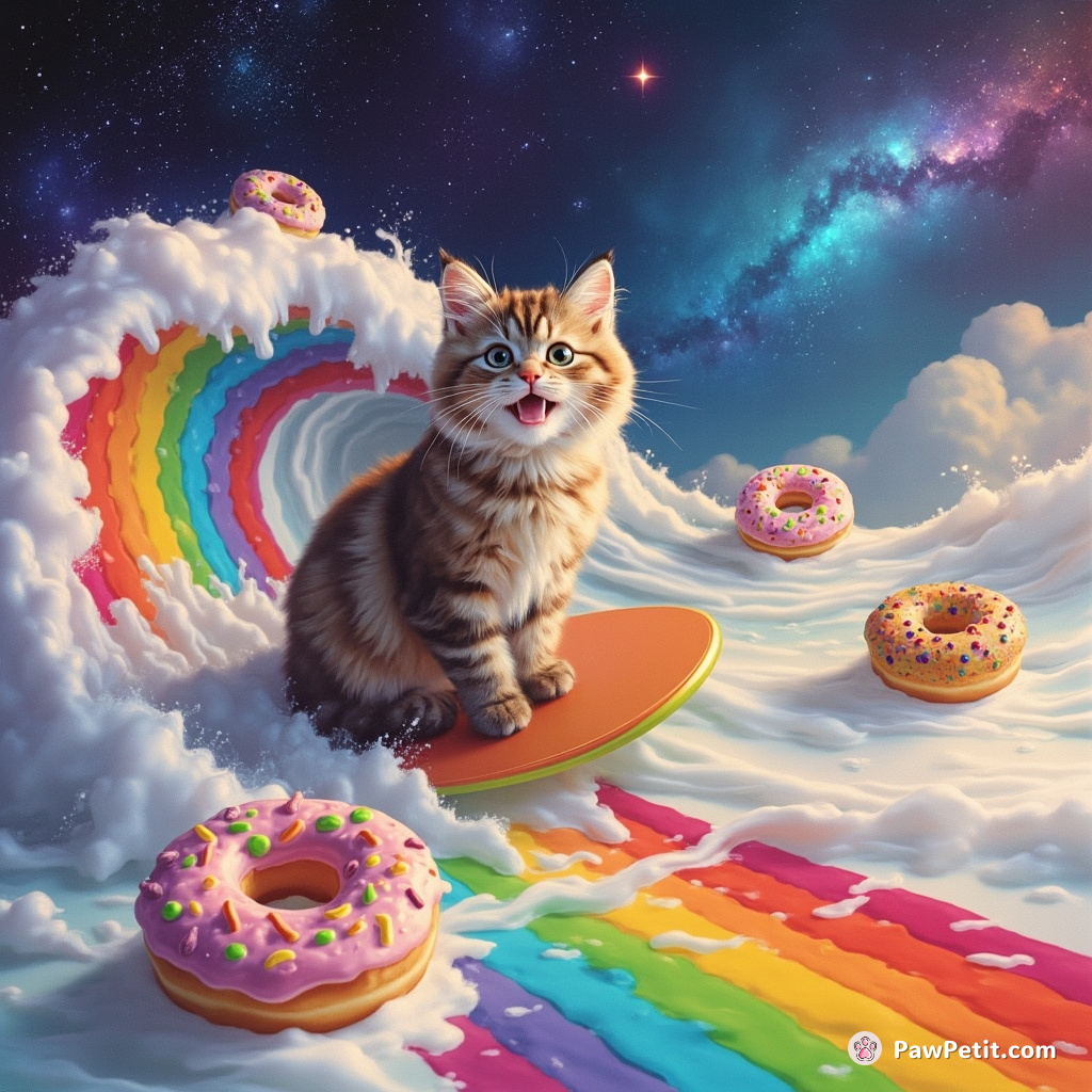 A cosmic cat gleefully surfing on a rainbow wave in an ocean of milk, passing by frosted donut islands.