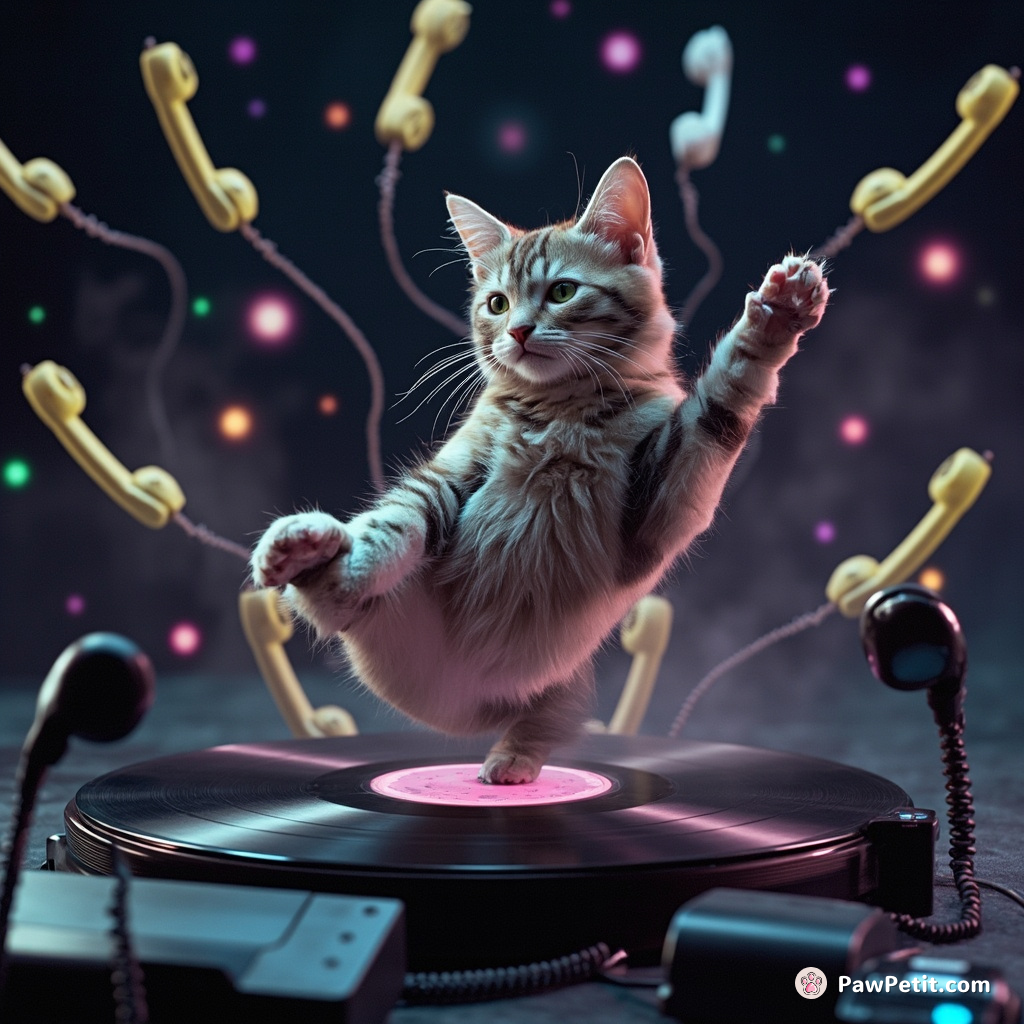A cat with iridescent fur break-dancing on a spinning vinyl record amid a cosmic orbit of cordless phones.