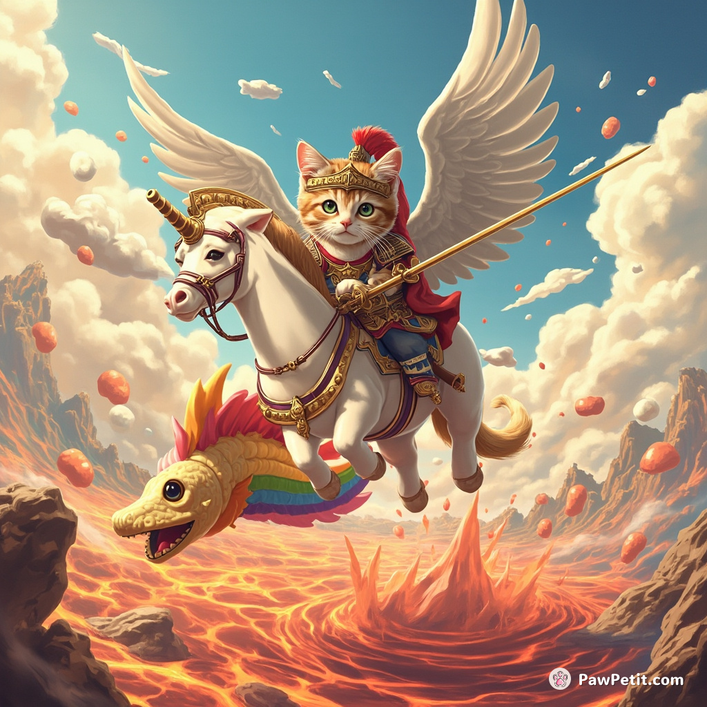 A gladiator cat riding a rainbow-colored pegasus, jousting with a swordfish over a sea of marshmallow lava.