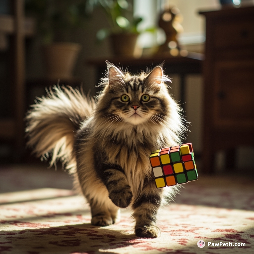 The cat proudly struts across the room, certain it can solve the Rubik's Cube faster than any human.