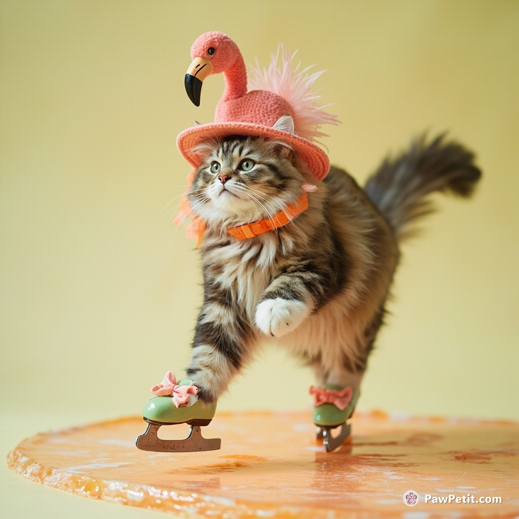 Cat speed-skating on thin jelly with a flamingo hat and honeydew melon shoes.