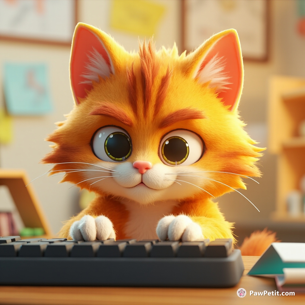 Cat sits at a desk, paws on keyboard, pretending to type with intense concentration.