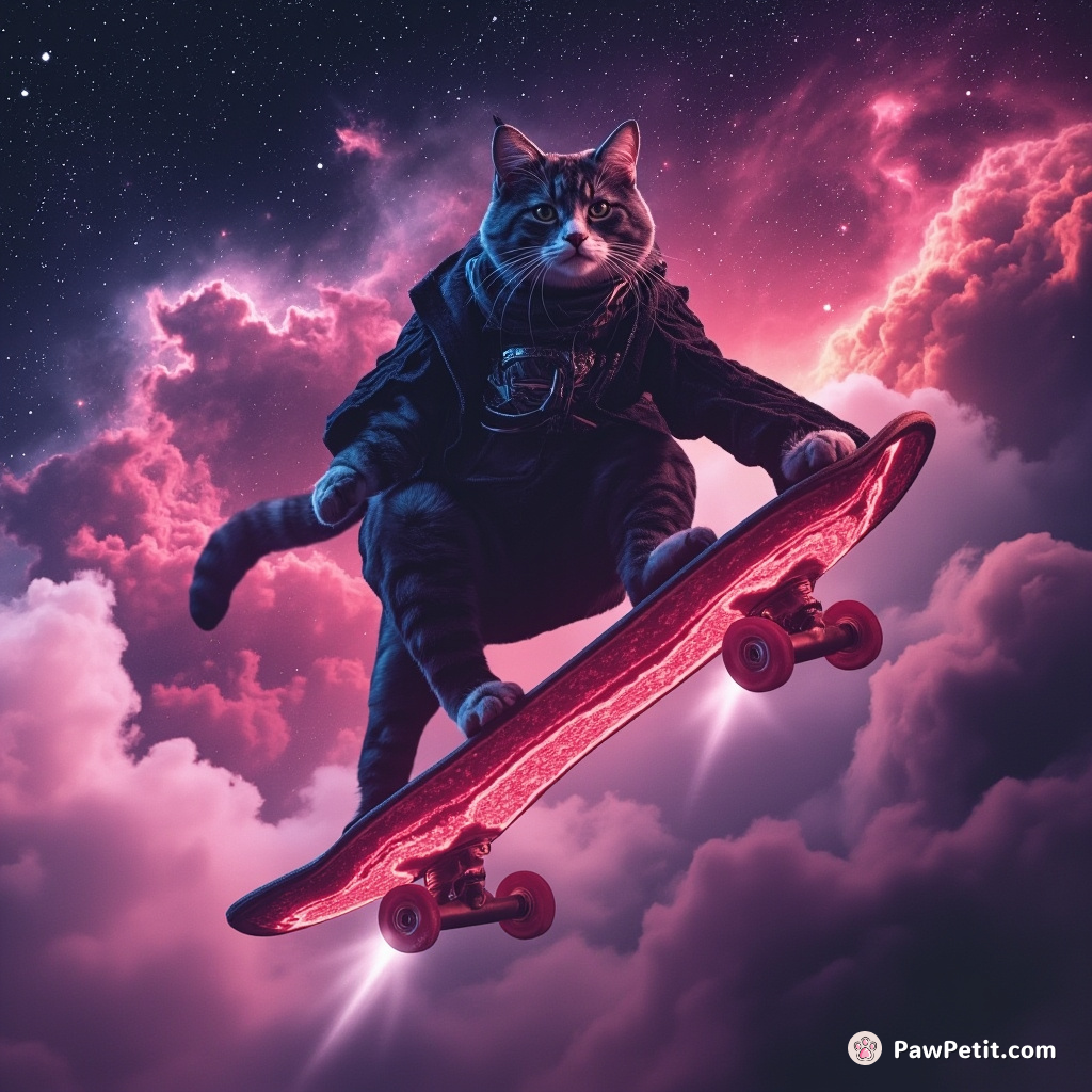Cat riding a steak slice skateboard on wisps of smoke emanating from a dreamy cow-shaped nebula in the galaxy.