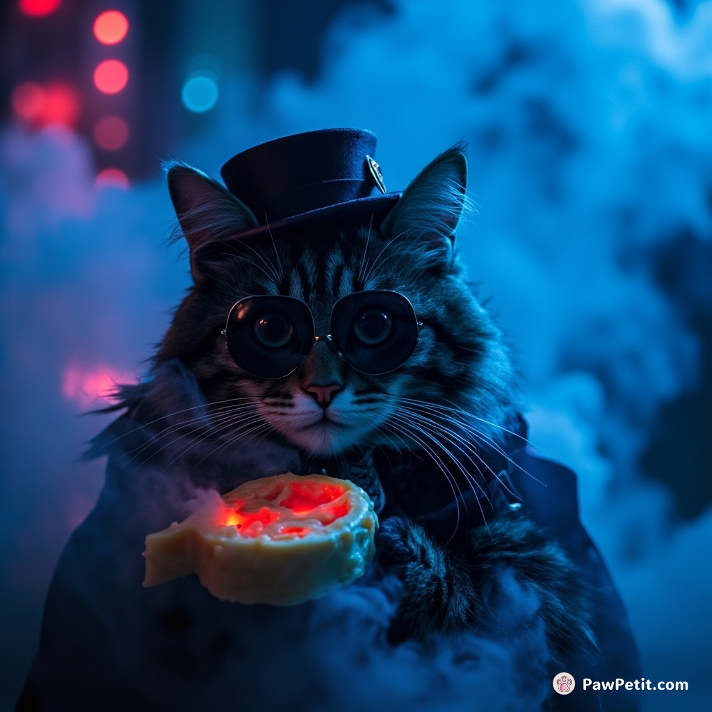 Victorian-era aristocratic cat participating in a clandestine moon cheese heist, shielded by indigo smoke.