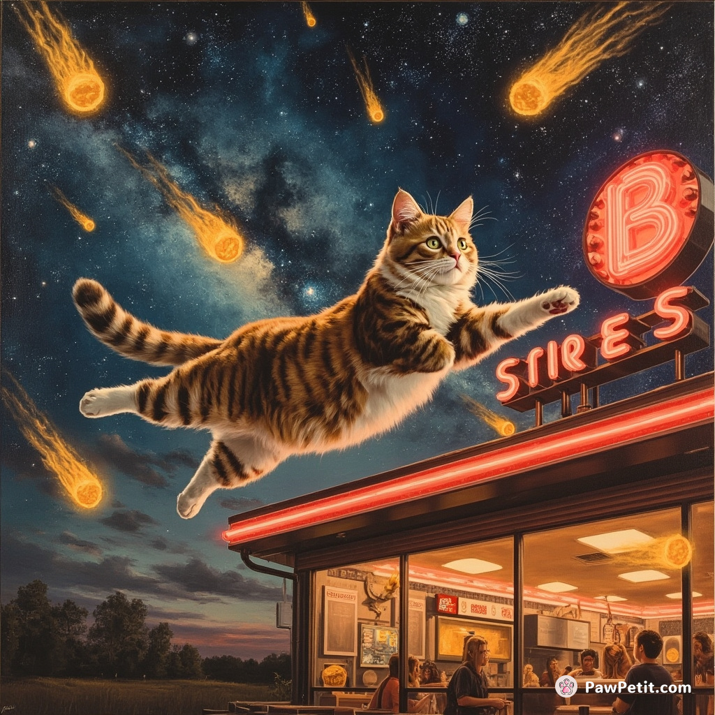 A celestial cat soaring through an interstellar burger joint, littered with neon french fry meteors.
