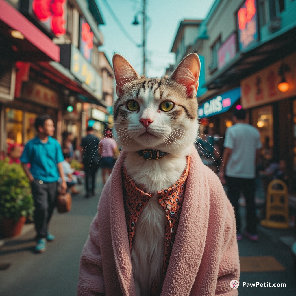 Amidst humans' bustle, a sleek cat subtly extends her charm, engaging in shapeshifting escapades, cunningly ruling the neighborhood.