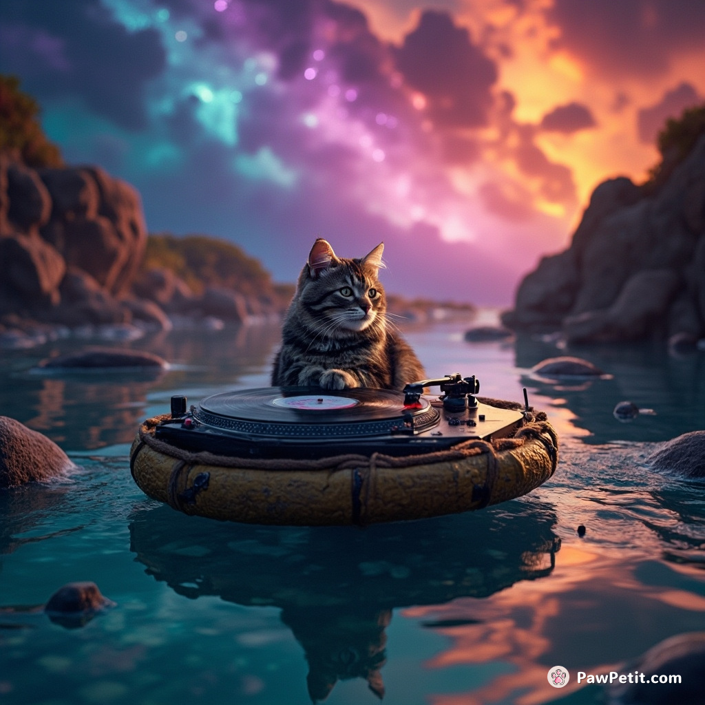 A cat DJ spinning vinyl records on a turntable raft floating on a cosmic rainbow river.