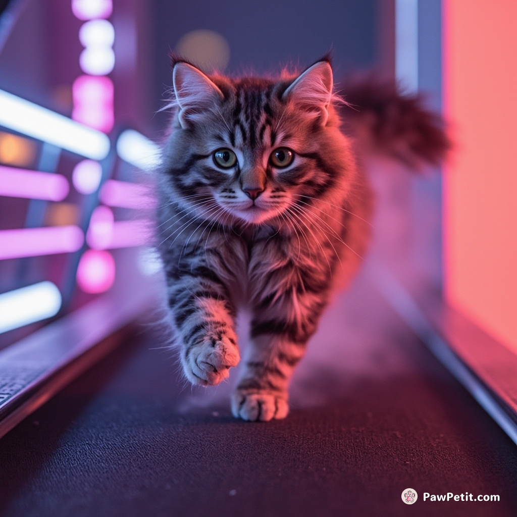 A cat, convinced it can outpace a cheetah, sprints on a treadmill, fur flying, eyes wide with determination.