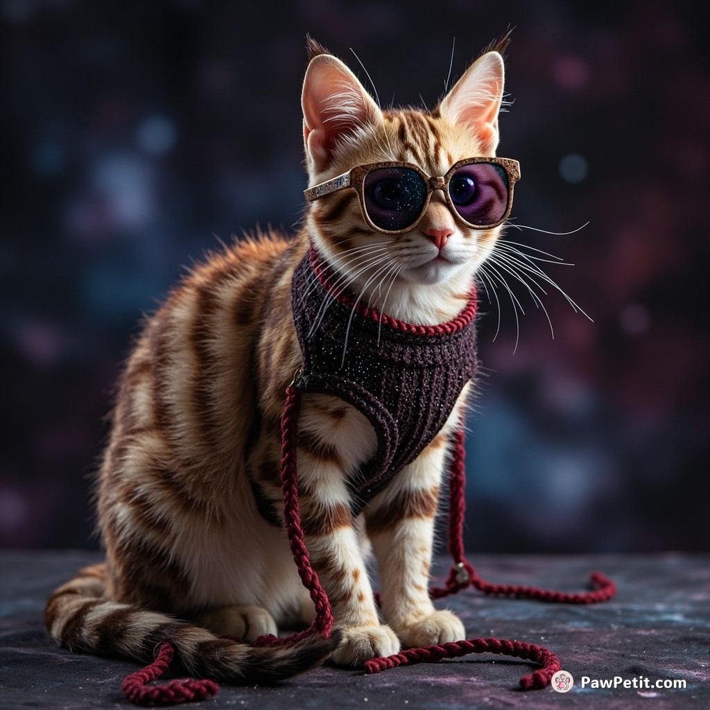 Cybernetic lion cat donned in sparkle DK yarn sewing a pair of interstellar spectacles with its tail under maroon overtones of Junoth stripes.
